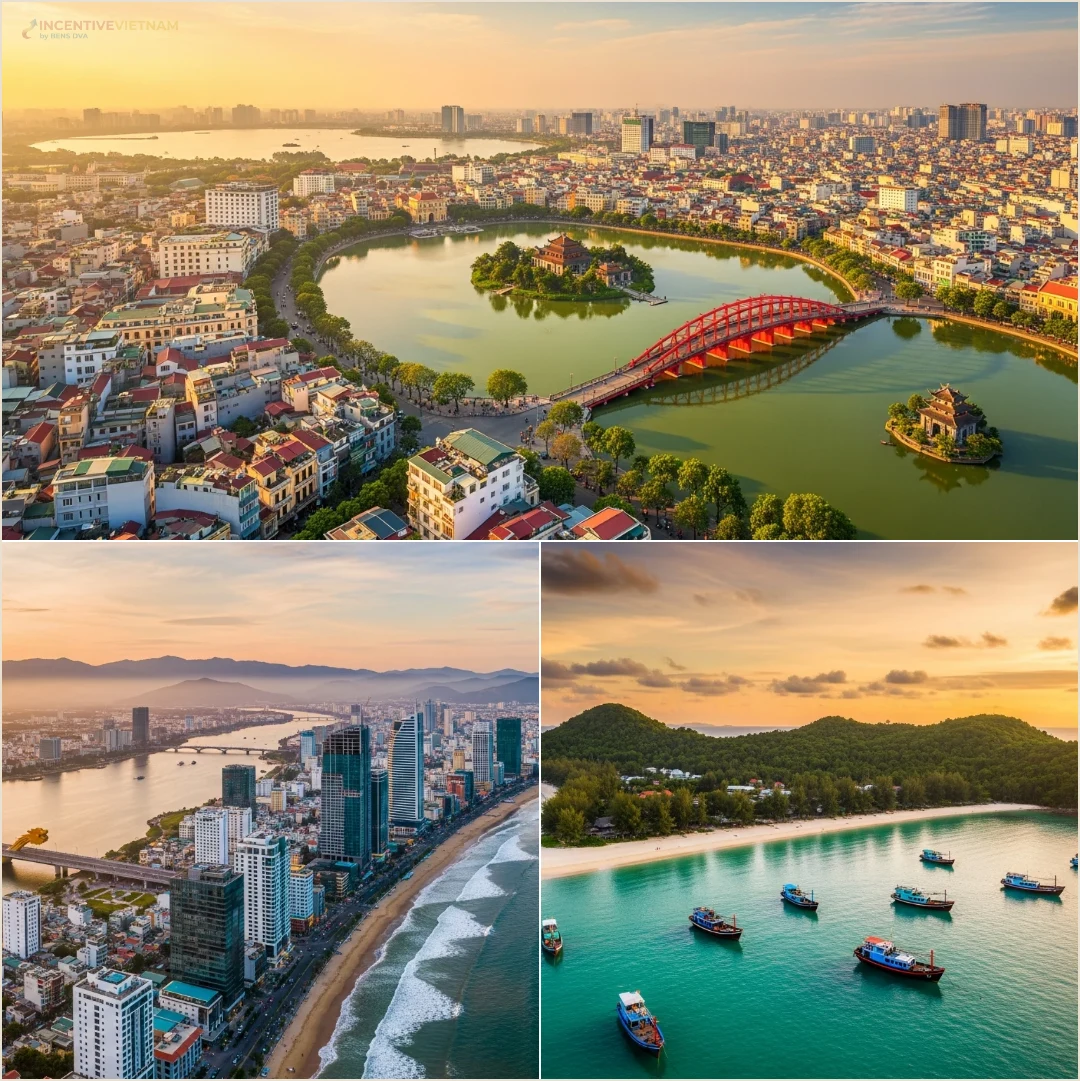 คอลลาจสถานที่ล้วนแสดงฮานอย ดานัง และฟู้โกว๊กเป็นบริบทของปลายทางที่มีผลต่อโครงงบทริปเวียดนาม