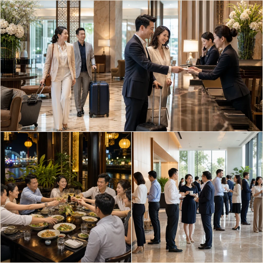 คอลลาจคนล้วนแสดงการเช็กอินโรงแรม มื้อรับรอง และช่วงพักประชุมของกรุ๊ปองค์กรในเวียดนาม