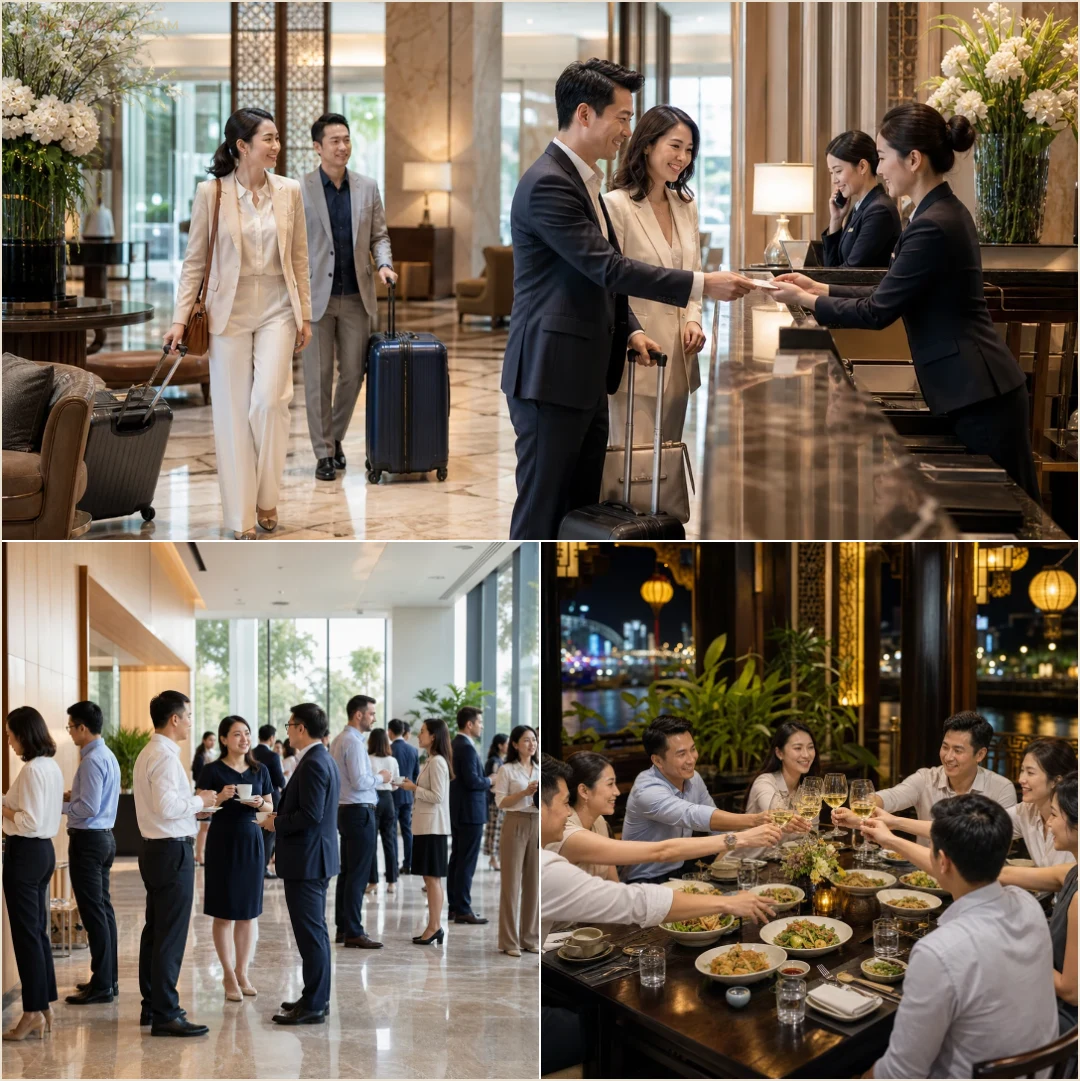 คอลลาจคนล้วนแสดงการต้อนรับที่โรงแรม ช่วงสร้างสัมพันธ์ และมื้อรับรองของกรุ๊ปองค์กรในเวียดนาม