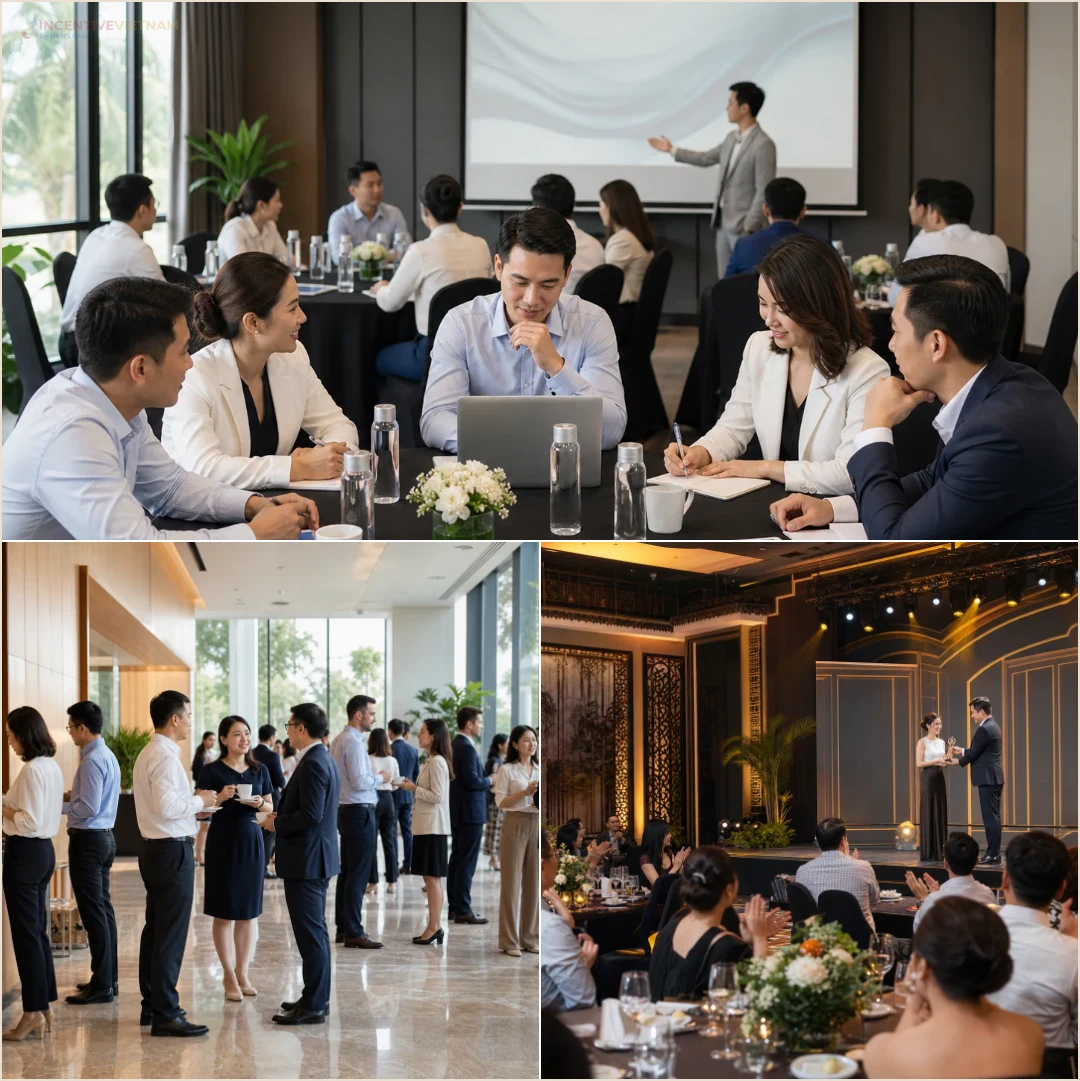 คอลลาจทีมงานและแขกในงานองค์กรเวียดนาม ตั้งแต่ประชุมวางแผน สร้างสัมพันธ์ จนถึงมอบรางวัล