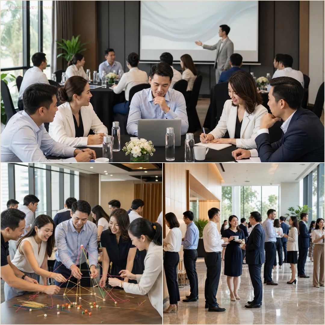 คอลลาจการเตรียมงานองค์กรที่เวียดนาม รวมเวิร์กช็อป ทีมบิลดิ้งในร่ม กิจกรรมชายหาด และ coffee break