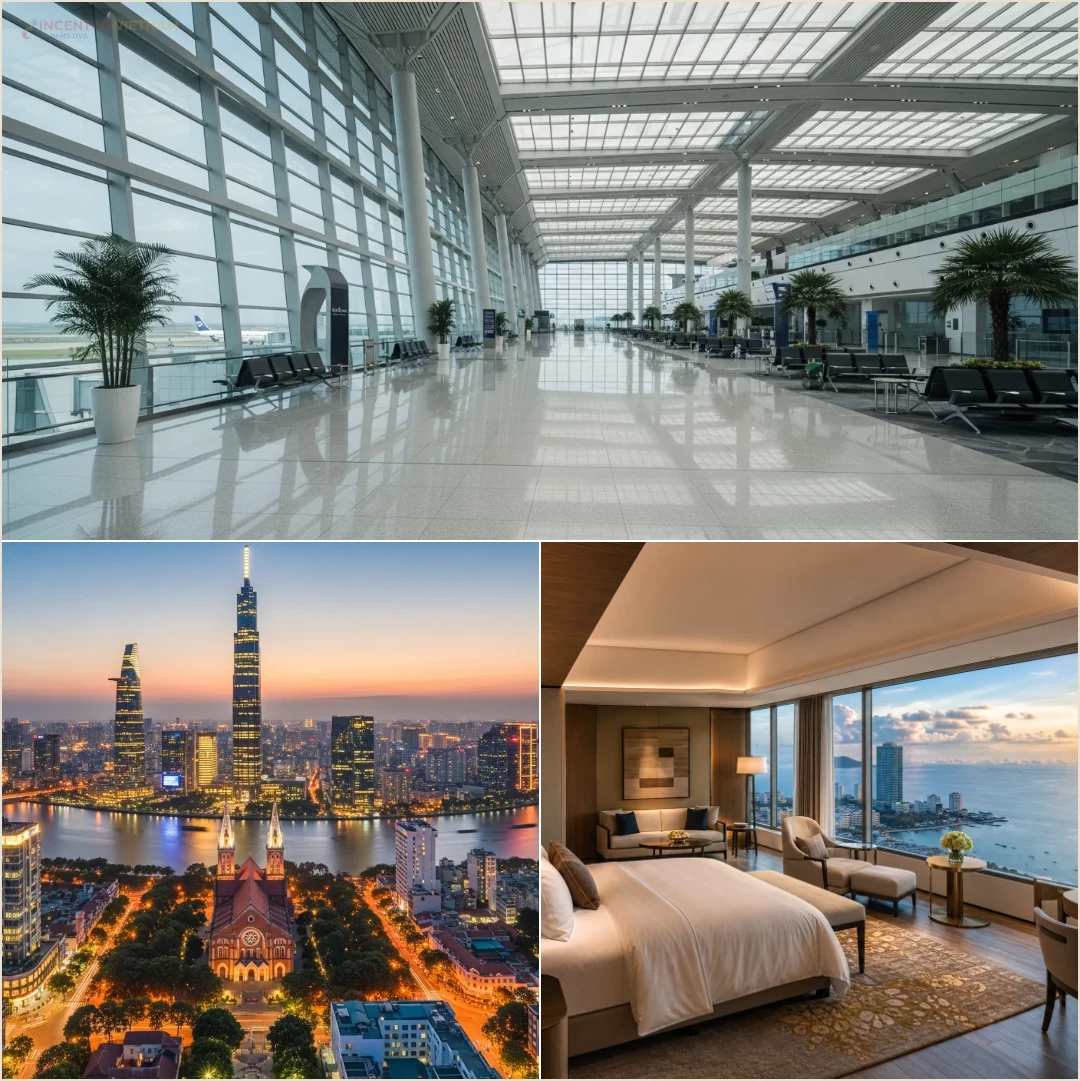 คอลลาจสถานที่ล้วนแสดงสนามบิน เมือง และที่พักในเวียดนามซึ่งต้องมี contact และจุดนัดพบแยกกัน