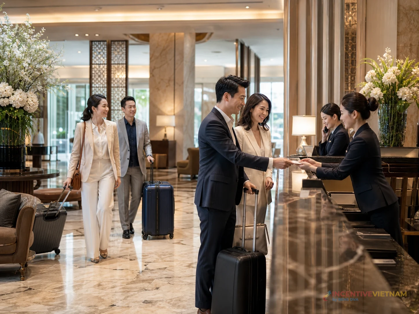 ภาพทีมงานต้อนรับและประสานกรุ๊ปบริษัทระหว่างเช็กอินโรงแรมในเวียดนาม