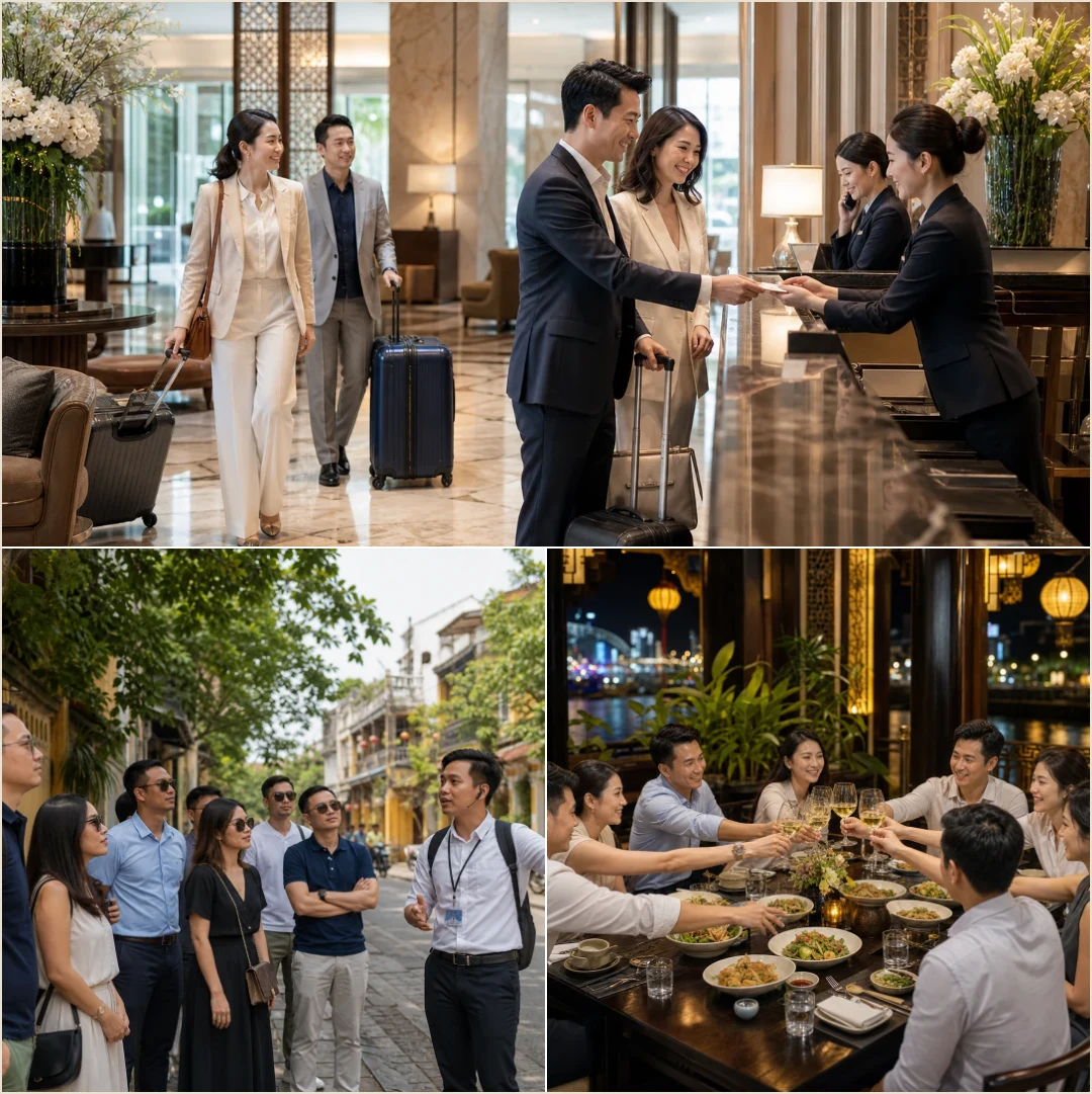 คอลลาจบรรยากาศ check-in โรงแรม ไกด์ดูแลกลุ่ม และ welcome dinner ของกรุ๊ปส่วนตัวในเวียดนาม