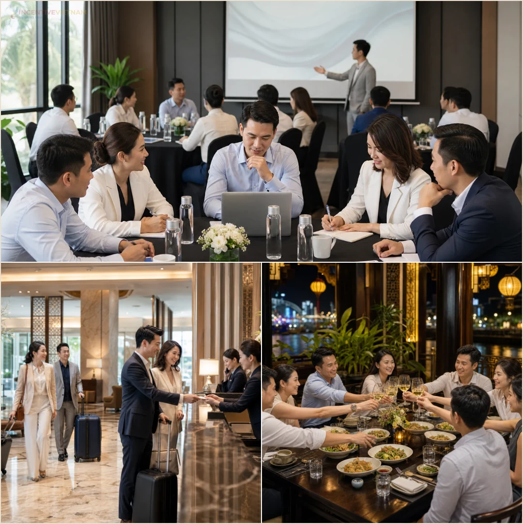 คอลลาจบรรยากาศการจัดทริปองค์กรเวียดนาม เช่น ห้องประชุม การเช็กอินโรงแรม และดินเนอร์กลุ่ม