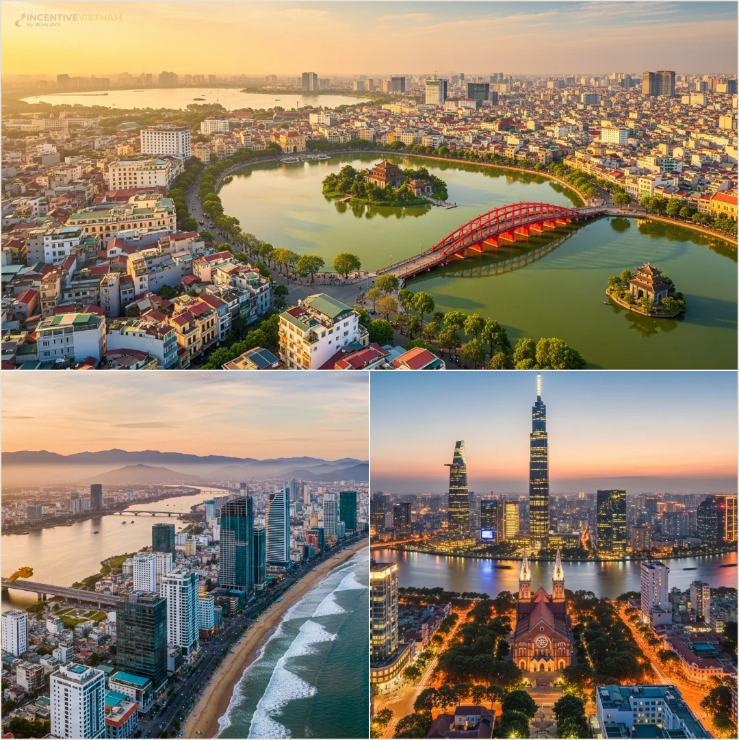 คอลลาจมุมมองเมืองเวียดนามที่ใช้จัดทริปองค์กร เช่น ฮานอย ดานัง และโฮจิมินห์