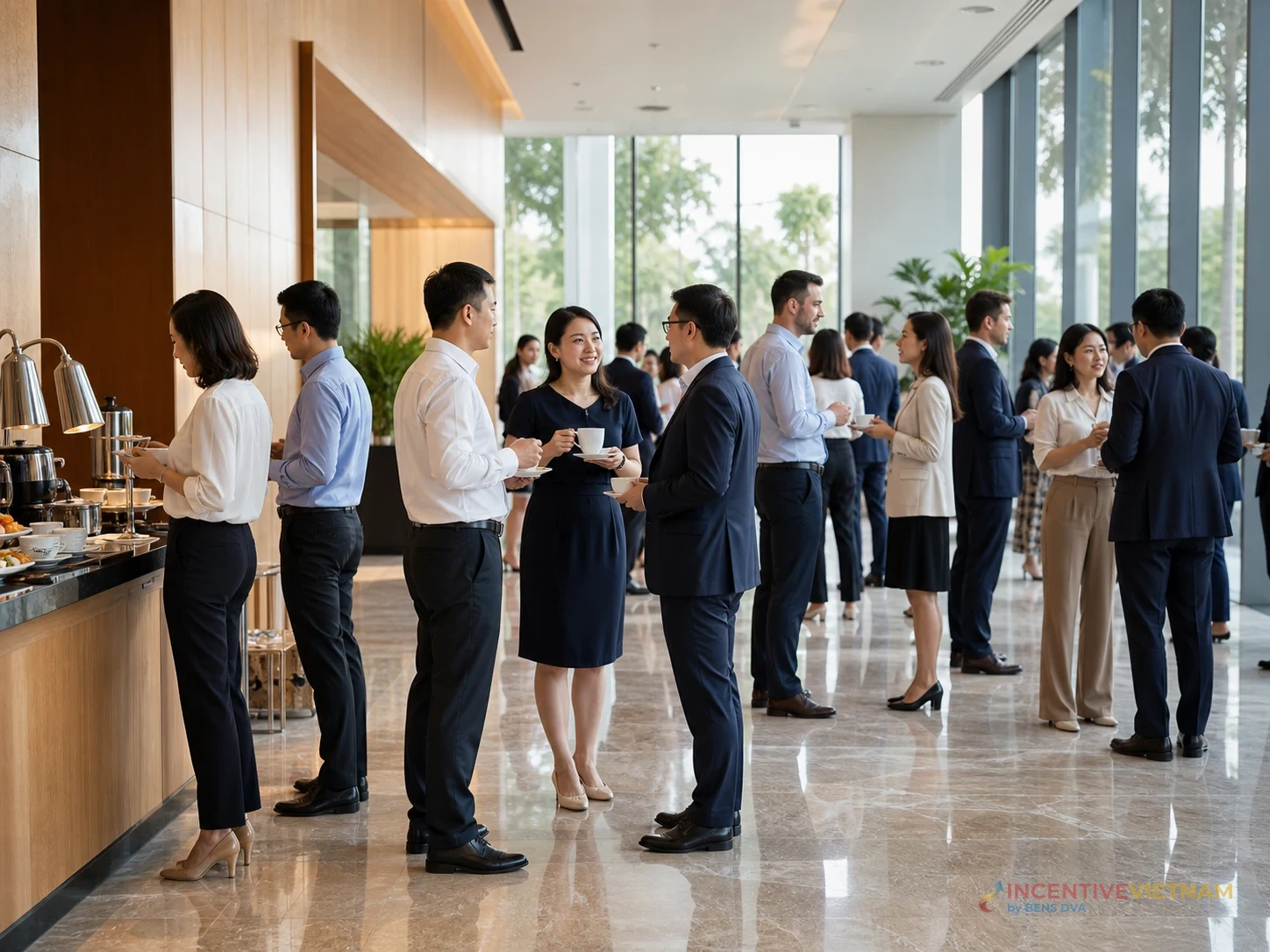 ผู้ร่วมงานบริษัทใช้พื้นที่ foyer ของรีสอร์ตเวียดนามสำหรับ coffee break และการสร้างสัมพันธ์โดยคงทางสัญจร