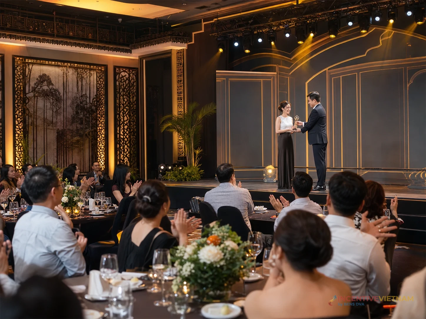 ผู้บริหารมอบรางวัลแก่พนักงานบนเวทีในพิธี recognition ของทริปองค์กรเวียดนาม