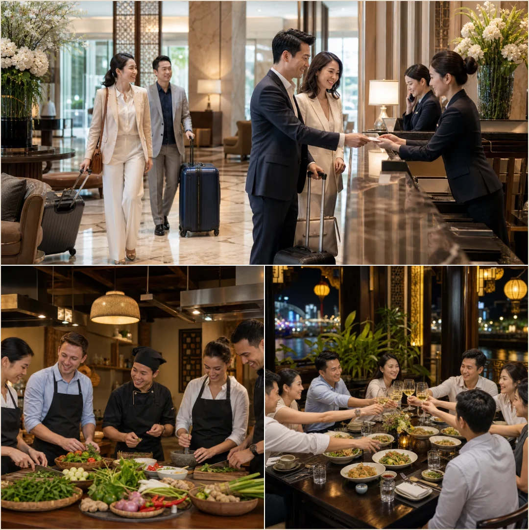 คอลลาจคนล้วนแสดงการต้อนรับที่โรงแรม กิจกรรมทำอาหารเป็นทีม และมื้อค่ำต้อนรับในทริปองค์กรเวียดนาม