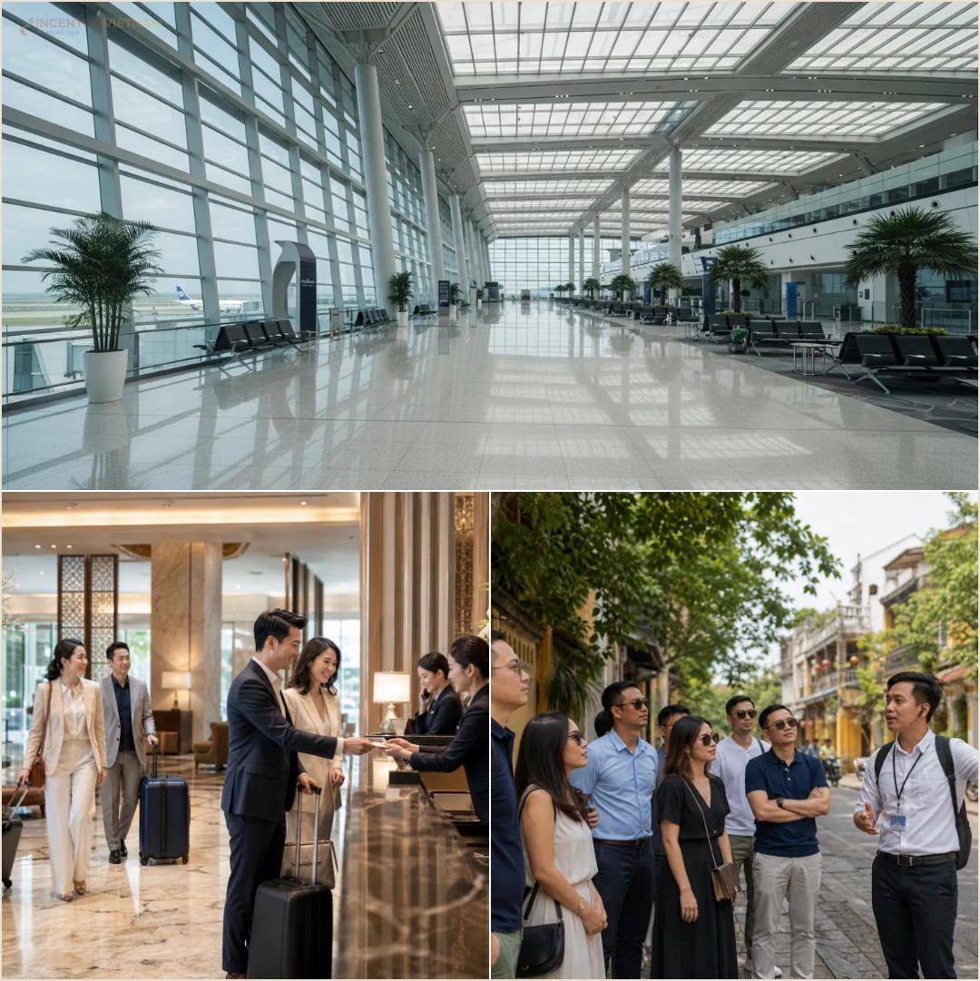 คอลลาจคนล้วนแสดงทีมประสานที่สนามบิน การเช็กอินโรงแรม และหัวหน้าทัวร์ดูแลคณะในเวียดนาม
