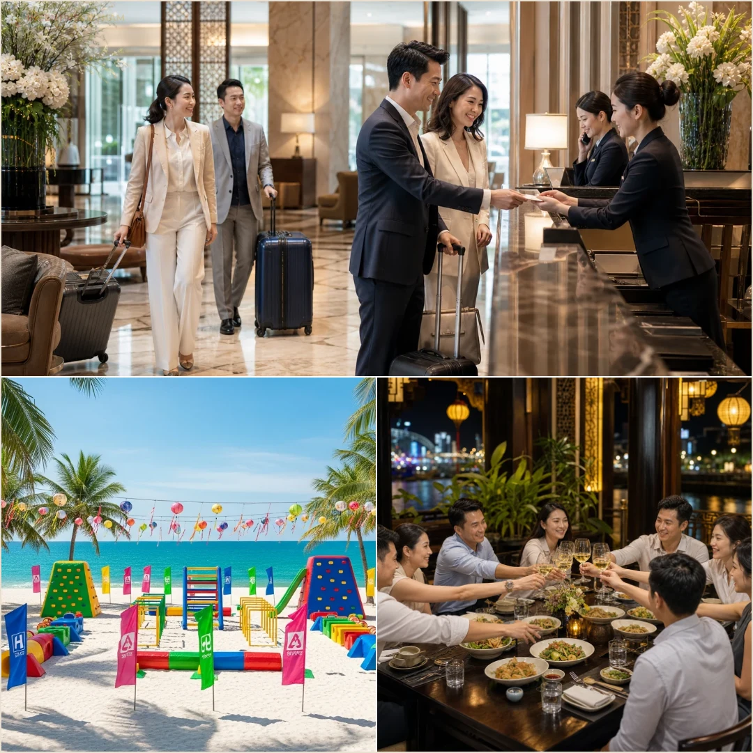 คอลลาจคณะองค์กรเช็กอินโรงแรม ทำกิจกรรมริมชายหาด และร่วมดินเนอร์ในเวียดนาม