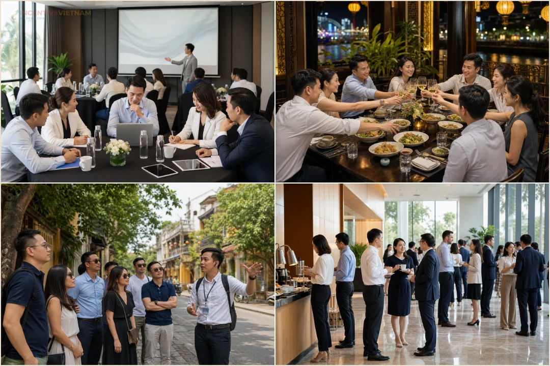 คอลลาจองค์ประกอบงาน MICE เวียดนามที่รวมเวิร์กช็อป สนามบิน ไกด์ และ coffee break