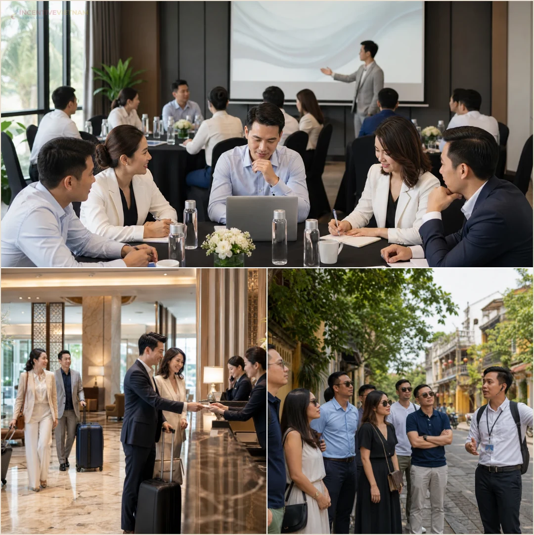 คอลลาจคนล้วนแสดงช่วงประชุมวางแผน เช็กอินกรุ๊ป และไกด์ดูแลคณะในเวียดนาม