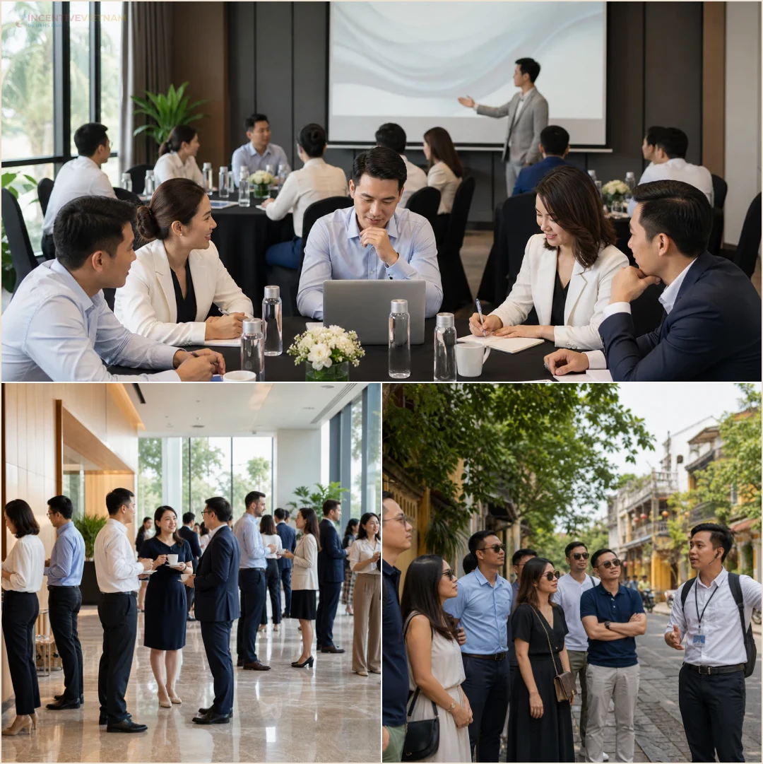 คอลลาจคนล้วนแสดงช่วงประชุมวางแผน สร้างสัมพันธ์ และไกด์นำกรุ๊ปบริษัทในเวียดนาม
