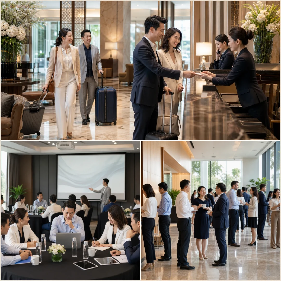 คอลลาจผู้เดินทางกลุ่มองค์กรเช็กอินโรงแรม ประชุมทำงาน และประสานงานช่วงพัก