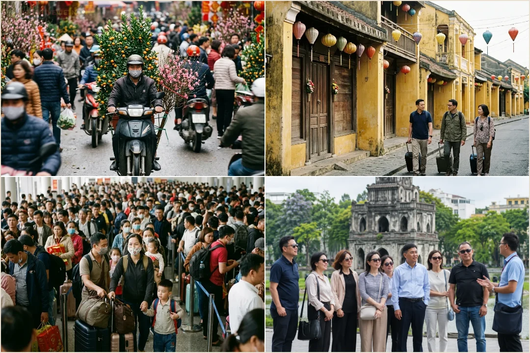 คอลลาจบรรยากาศช่วงเทศกาลเต๊ด ตลาดดอกไม้ฮานอย ร้านปิดในฮอยอัน และสนามบินคนแน่น