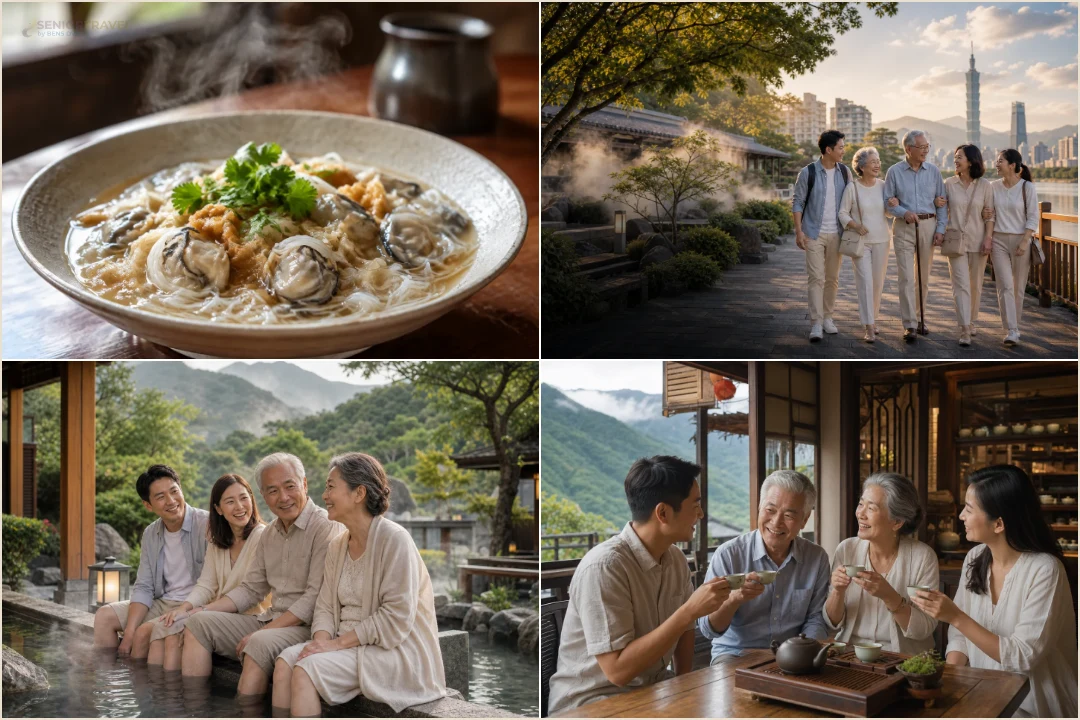 คอลลาจไต้หวันสำหรับผู้สูงอายุ ก๋วยเตี๋ยวหอยนางรมรสถูกปาก ครอบครัวเดินเล่นสบายๆ ที่เป่ยโถว และแช่เท้าออนเซ็นกับจิบชาโบราณ