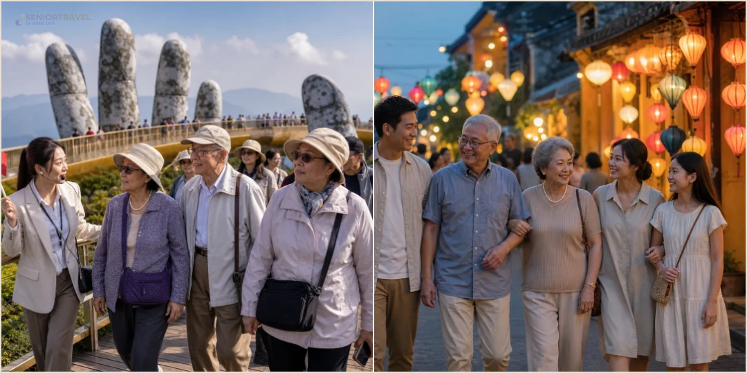 คอลลาจสถานที่ล้วนแสดงสะพานทองบานาฮิลล์และเมืองเก่าฮอยอันในทริปดานังกับพ่อแม่