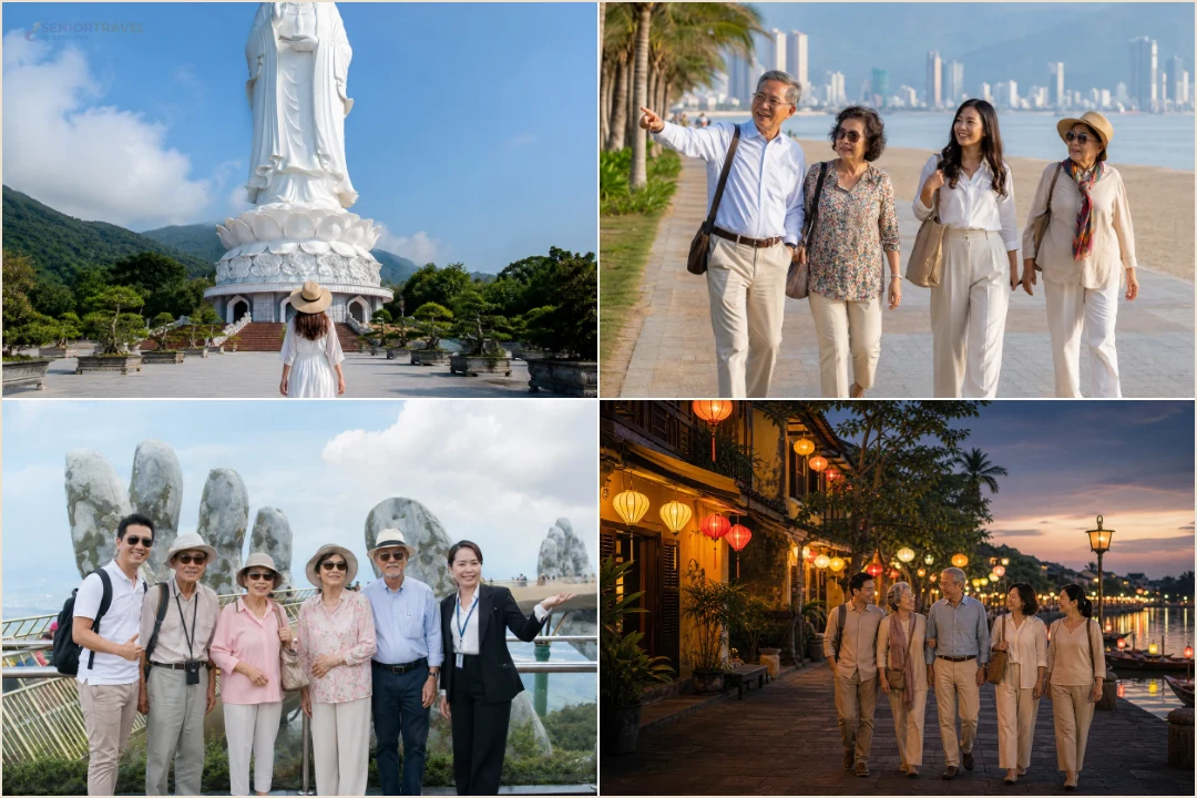 คอลลาจที่เที่ยวรอบดานังและฮอยอันสำหรับผู้สูงอายุ เจ้าแม่กวนอิม ริมหาด บาน่าฮิลล์ และเมืองเก่าฮอยอัน