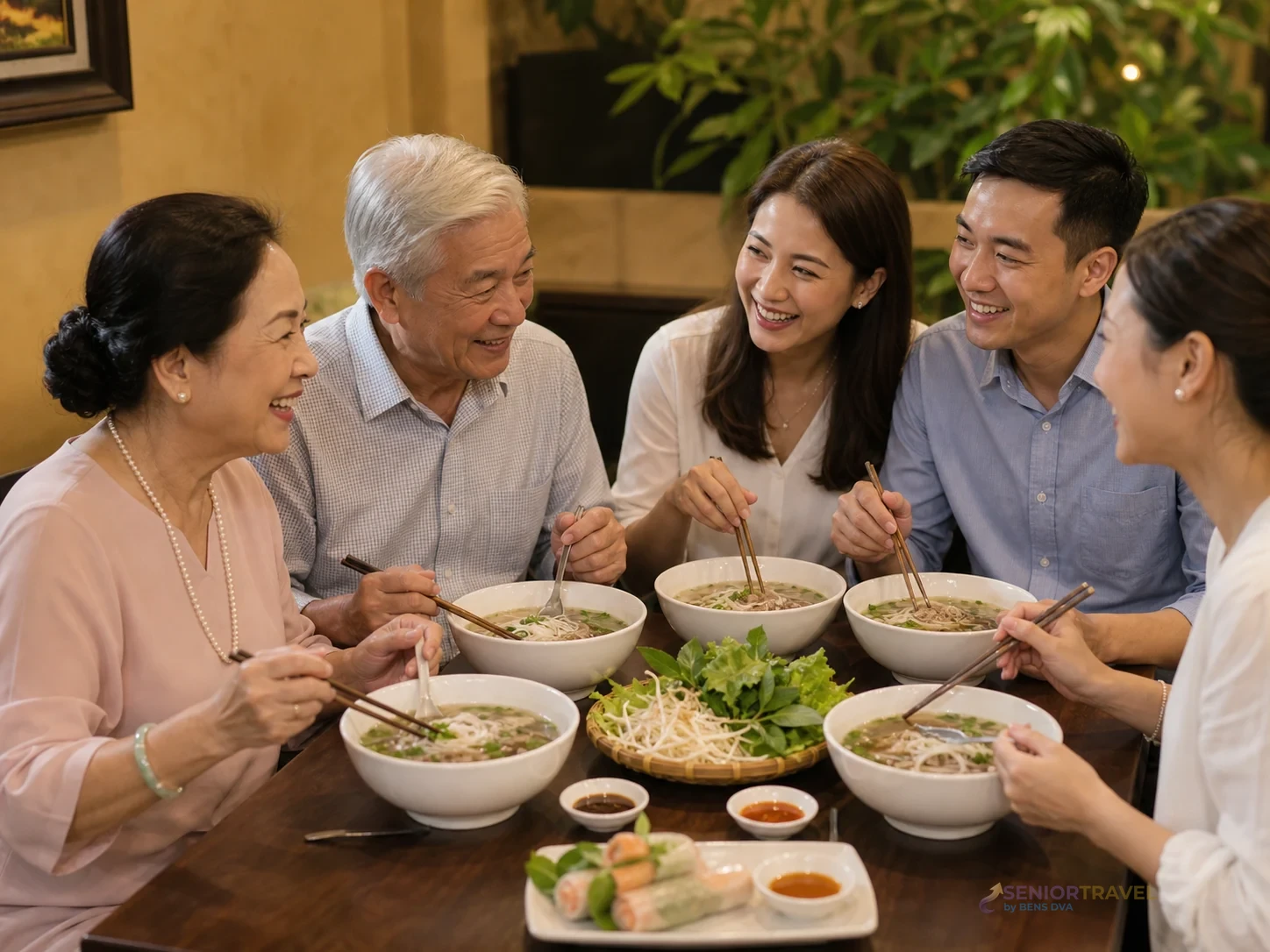 พ่อแม่ผู้สูงวัยกับครอบครัวรับประทานอาหารเวียดนามเนื้อนุ่มในร้านที่นั่งสบาย