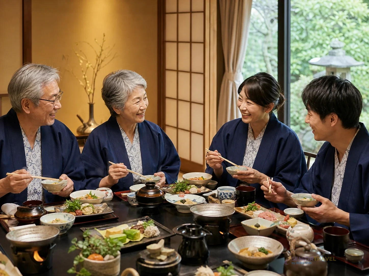 ผู้สูงวัยรับประทานอาหารญี่ปุ่นแบบนั่งโต๊ะในบรรยากาศสบาย