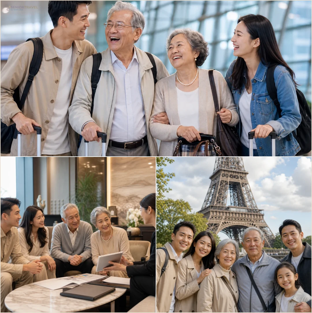 คอลลาจครอบครัวผู้สูงวัยร่วมกันเลือกประเทศและพูดคุยแผนทริปต่างประเทศครั้งแรก