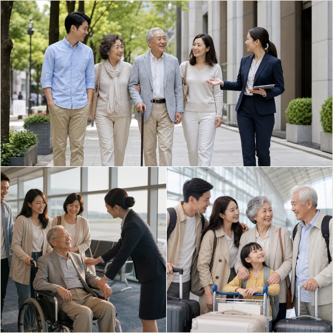 คอลลาจผู้สูงวัยใช้ไม้เท้าในสนามบิน รับความช่วยเหลือรถเข็นที่ประตูเครื่อง และเดินทางกับลูกหลาน