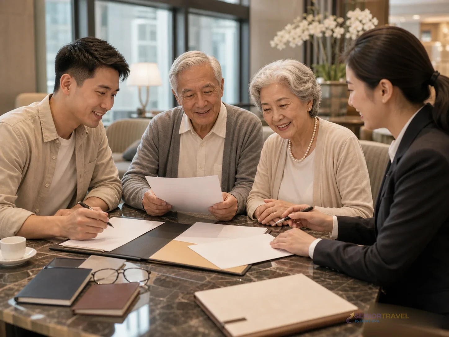 หนังสือเดินทางและเอกสารประกันเดินทางสำหรับผู้สูงวัยวางบนโต๊ะ