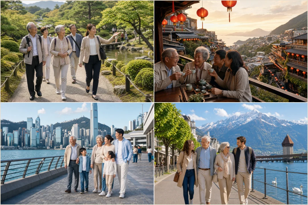 คอลลาจบรรยากาศปลายทางยอดนิยมสำหรับทัวร์ผู้สูงอายุ เช่น ญี่ปุ่น ไต้หวัน ฮ่องกง และสวิตเซอร์แลนด์