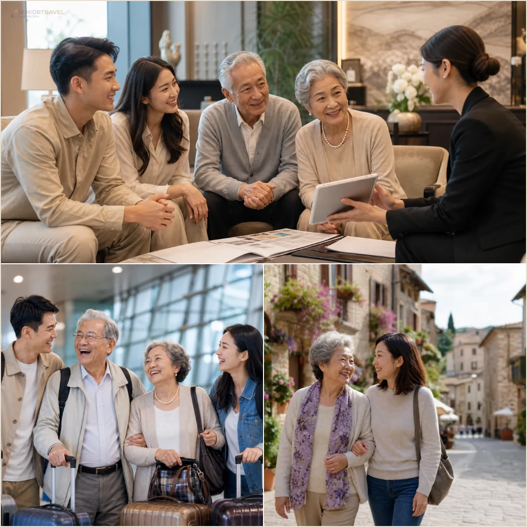 คอลลาจครอบครัวผู้สูงวัยร่วมคุยแผนทริปและทบทวนความต้องการกับที่ปรึกษา