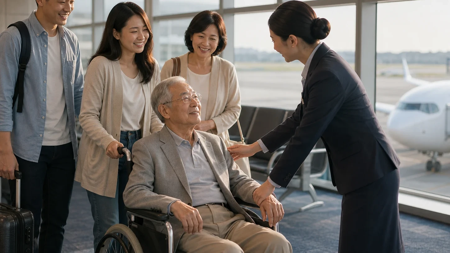 ผู้สูงวัยนั่งวีลแชร์รอที่ประตูขึ้นเครื่องพร้อมผู้ดูแลในสนามบิน