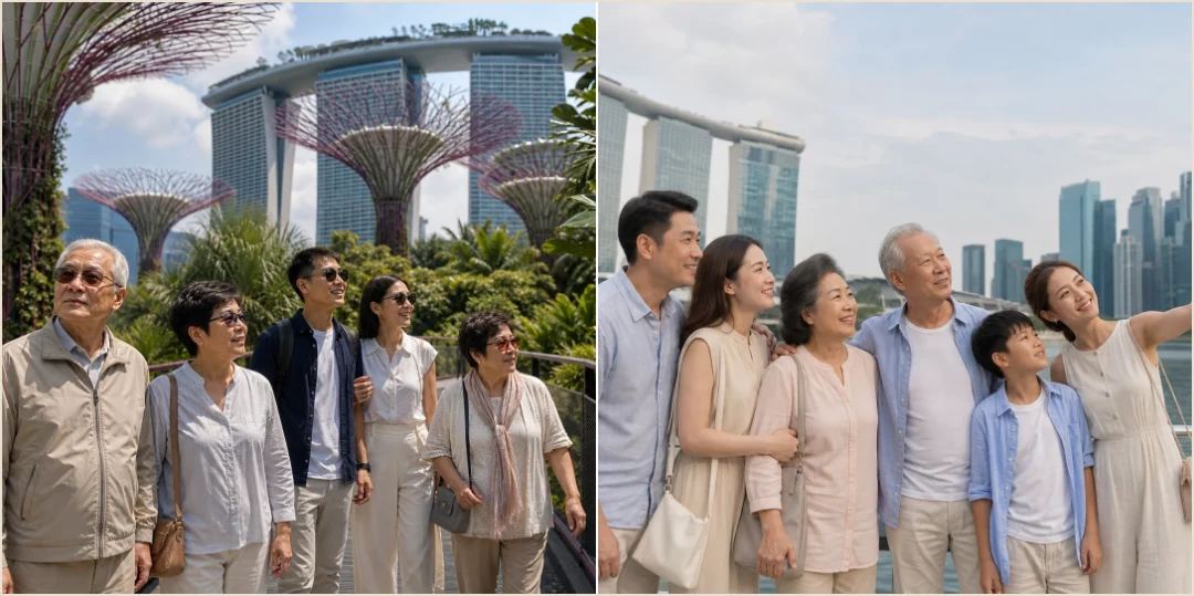 คอลลาจสถานที่ล้วนแสดง Gardens by the Bay และ Marina Bay สำหรับโปรแกรมสิงคโปร์ผู้สูงอายุ