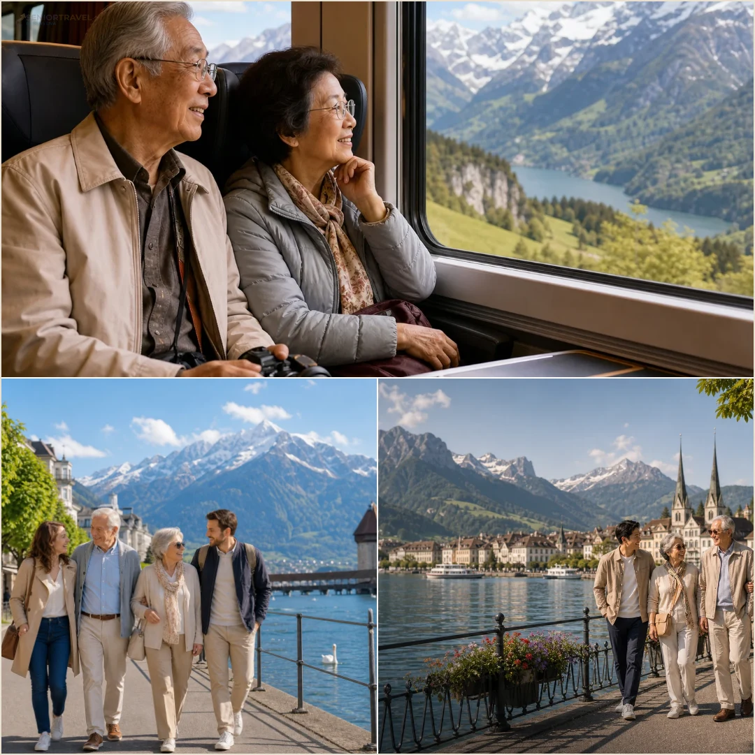 คอลลาจสถานที่ล้วนของรถไฟชมวิว ทะเลสาบลูเซิร์น และยอดเขา Jungfrau ในสวิตเซอร์แลนด์