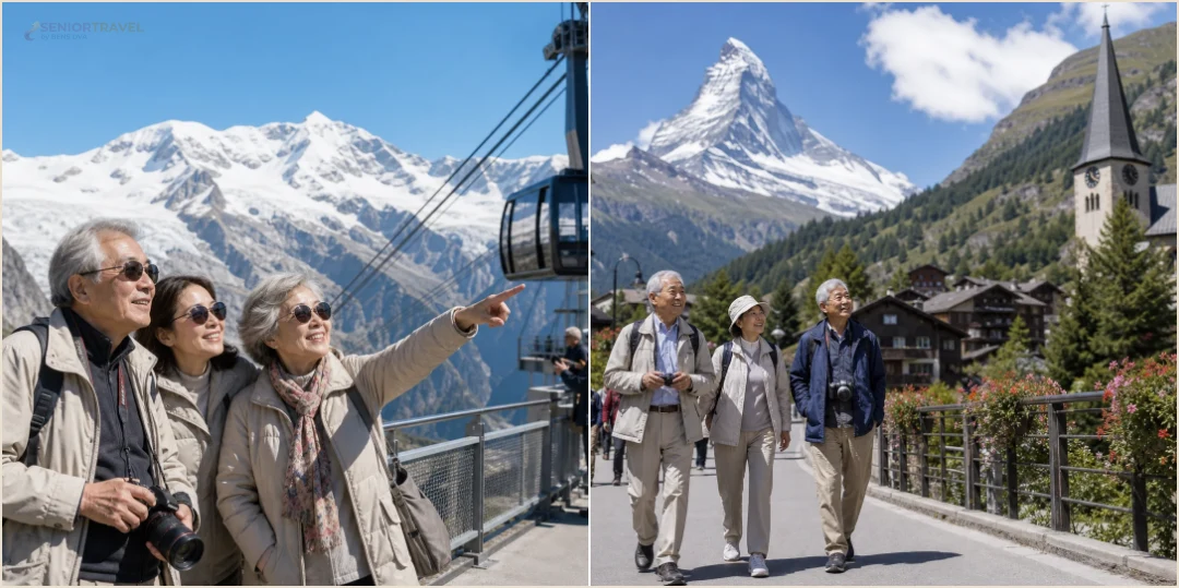 คอลลาจผู้สูงวัยใช้กระเช้าขึ้นยุงเฟราและชมยอด Matterhorn จากเส้นทางสวิสที่ลดแรงเดิน