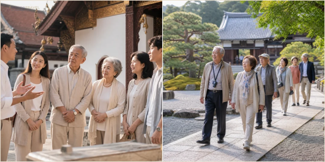 คอลลาจผู้สูงวัยร่วมกิจกรรมวัฒนธรรมในวัดและยืนชมวัดเกียวโตอย่างสงบ