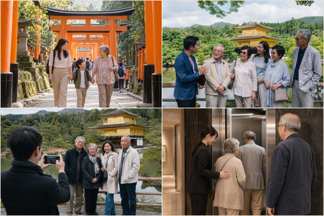 คอลลาจผู้สูงอายุไหว้พระที่ศาลเจ้าฟูชิมิอินาริและวัดคินคะคุจิ เกียวโต พร้อมภาพเจ้าหน้าที่ช่วยพาขึ้นลิฟต์แทนบันได