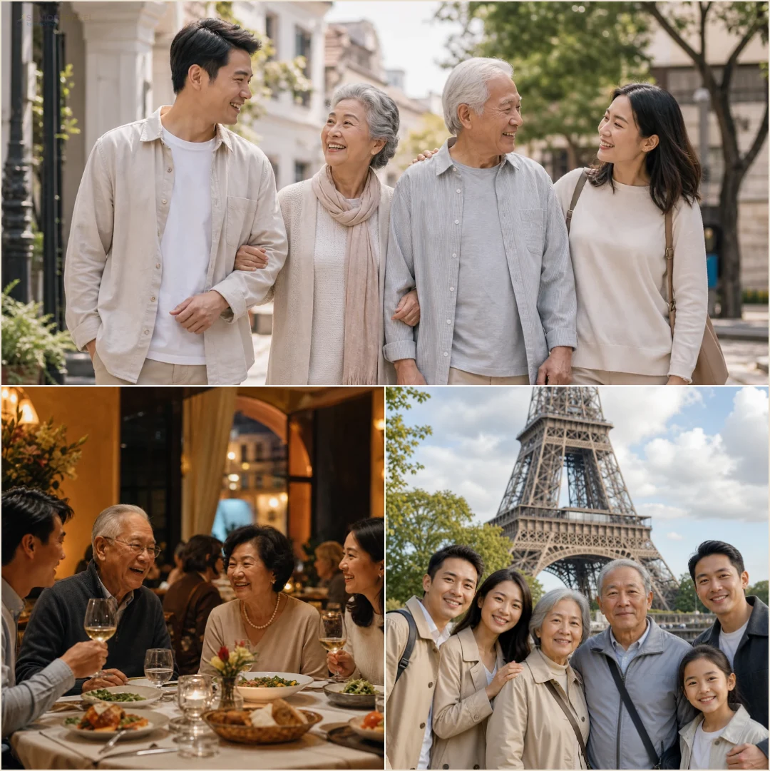 คอลลาจครอบครัวเอเชียสามรุ่นเที่ยวต่างประเทศ รับประทานอาหารร่วมกัน และถ่ายภาพครอบครัวที่สถานที่ท่องเที่ยว