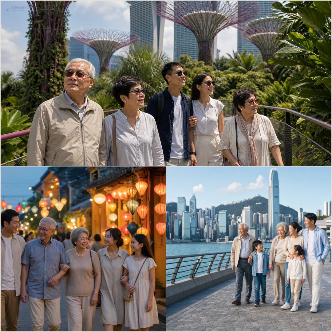 คอลลาจสถานที่ล้วนของสวนเมืองสิงคโปร์ เมืองเก่าฮอยอัน และอ่าววิกตอเรียฮ่องกงสำหรับวางตารางเที่ยวผู้สูงวัย